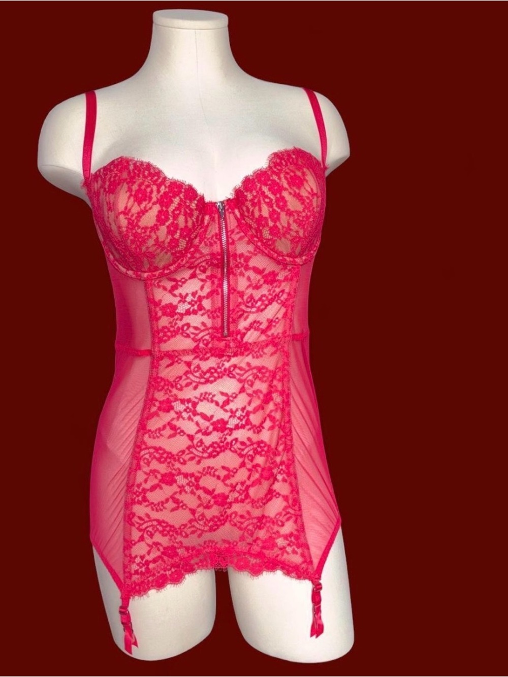 Victoria's Secret Fuchsia Lace Bustier Chemise with Front Zipper